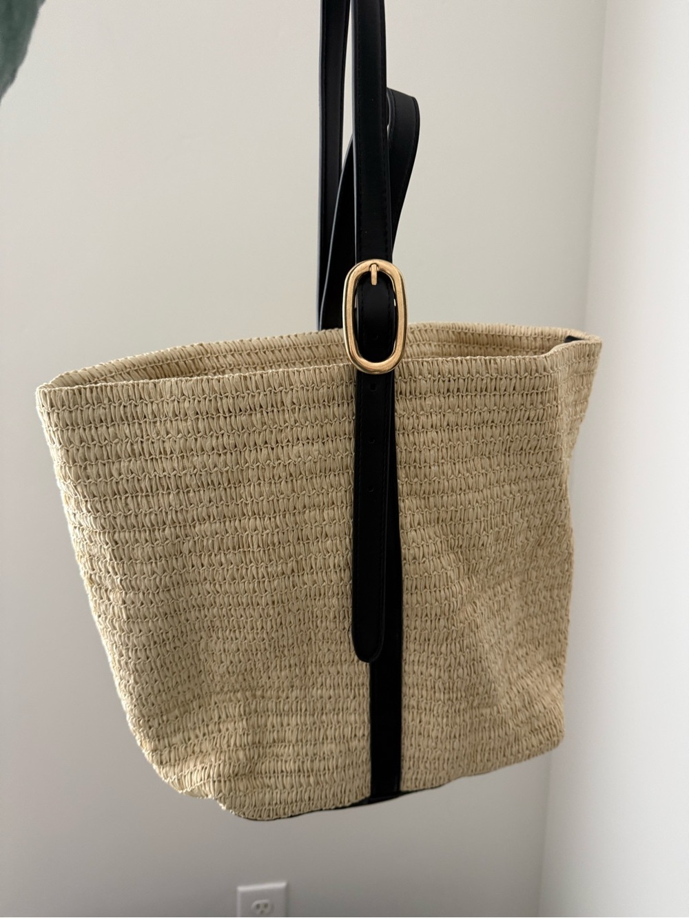 Old Navy Natural Straw Tote with Black Strap and Gold Buckle
